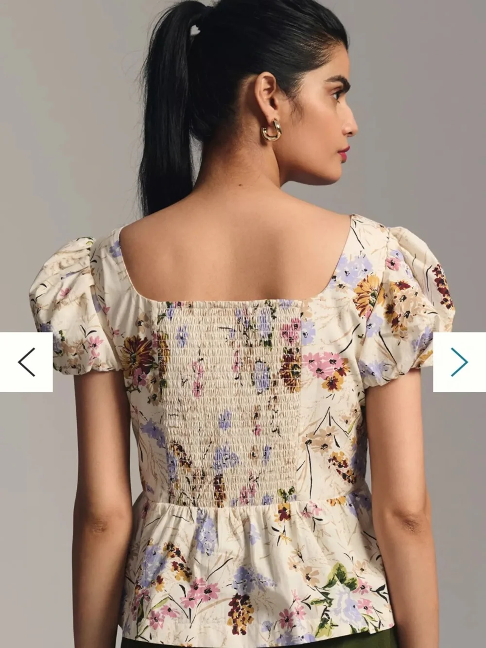 Anthropologie Small Puff Sleeve Peplum Top Cream Floral Square-Neck